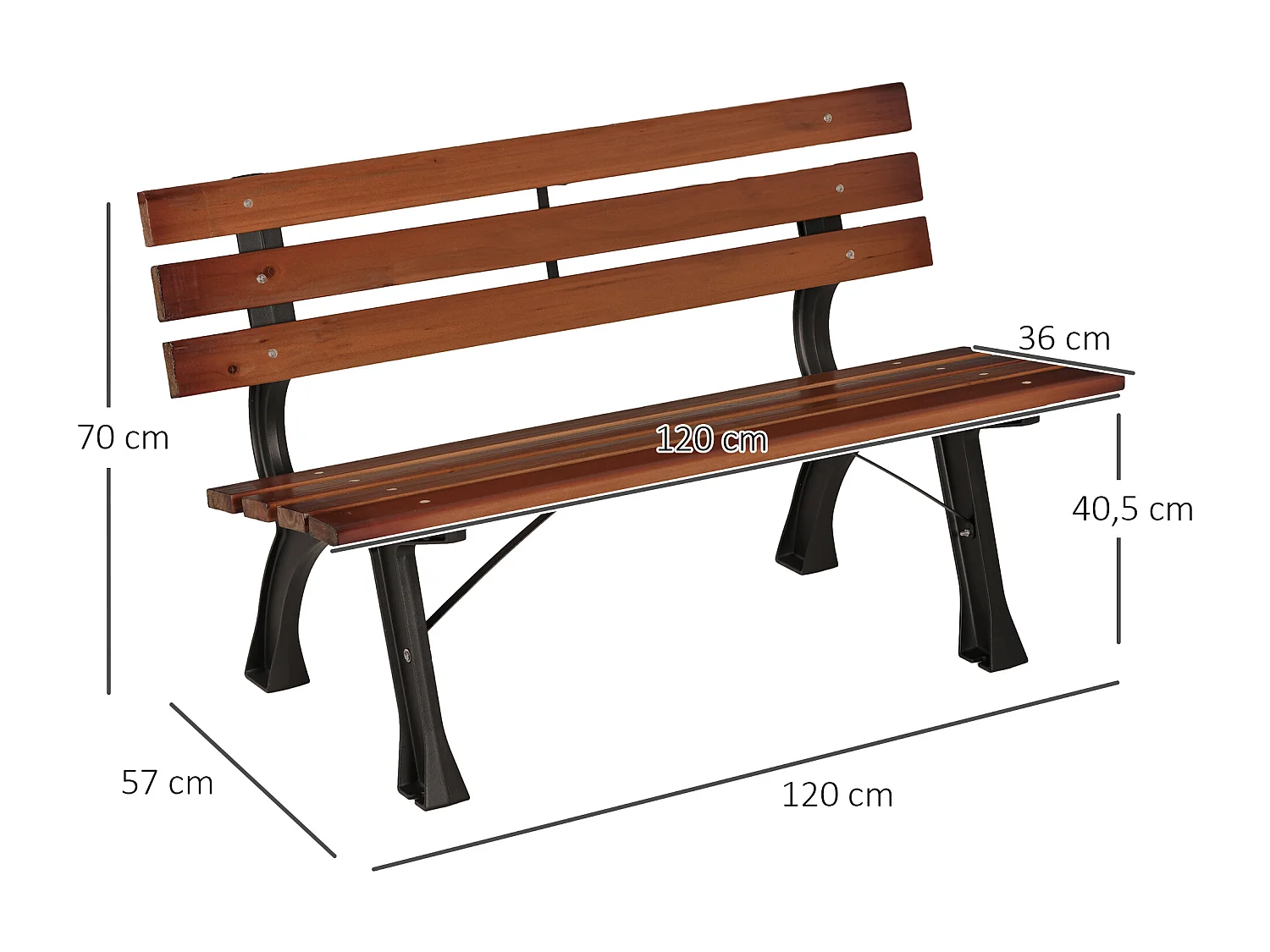 Banc de jardin 2 places style rural chic assise dossier à lattes bois sapin lasuré châssis fonte alu noir