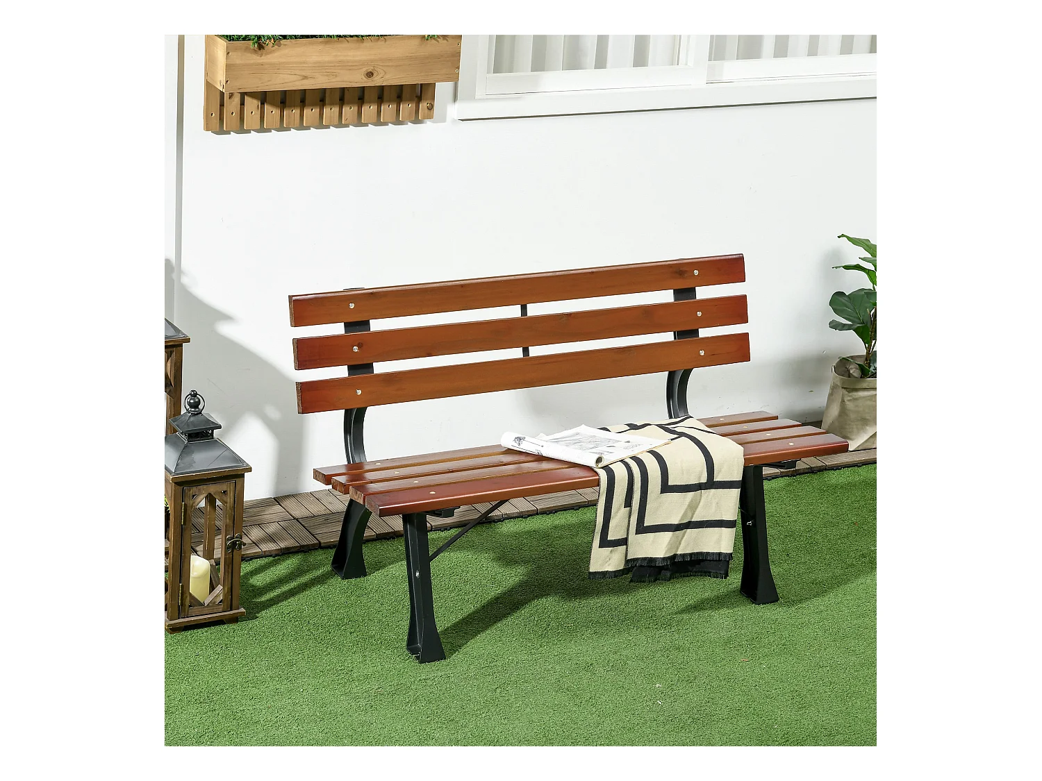 Banc de jardin 2 places style rural chic assise dossier à lattes bois sapin lasuré châssis fonte alu noir