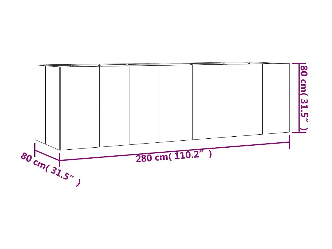 Lit surélevé de jardin 280x80x80 cm acier corten
