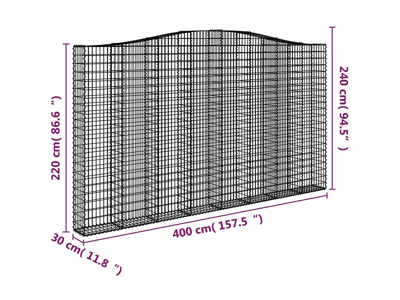 Gewölbte Gabionenkörbe, 2 Stück, 400 x 30 x 220/240 cm, verzinktes Eisen