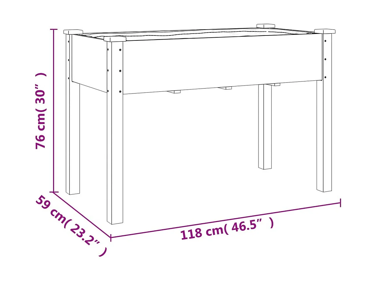 Pflanzgefäß mit grauer Auskleidung, 118 x 59 x 76 cm, massives Tannenholz