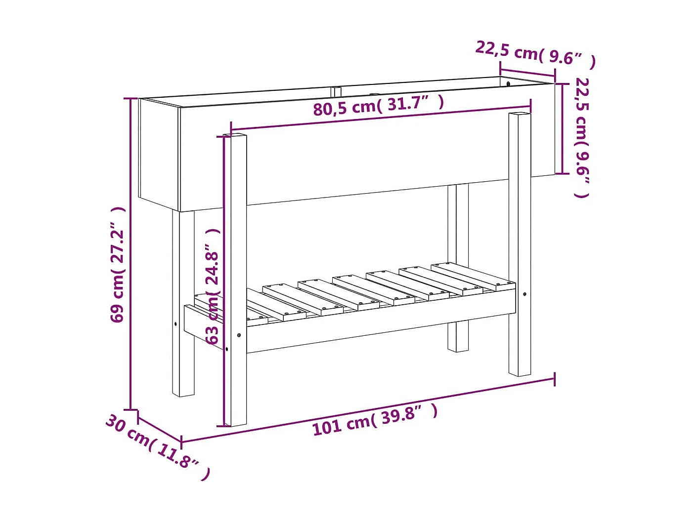 Letto da giardino rialzato 101x30x69 cm in legno massello di abete Douglas