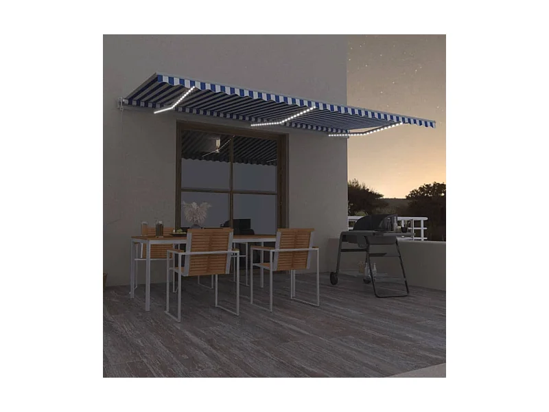 Toldo automático con sensor de viento LED 600x350 Azul y blanco