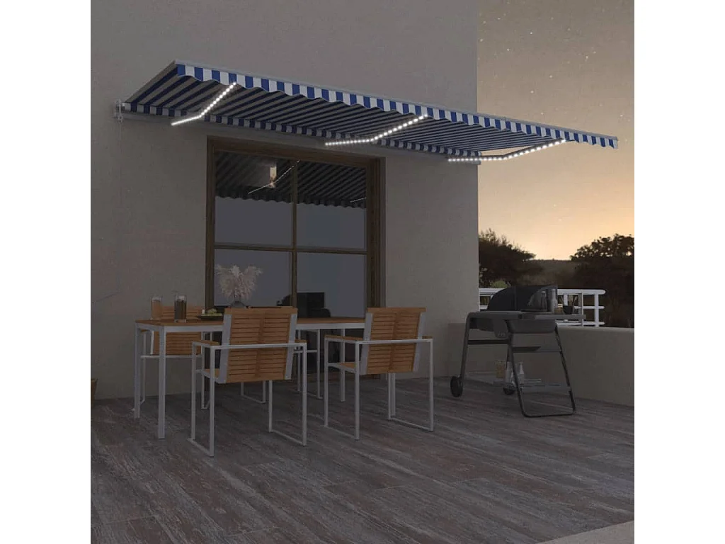Toldo automático con sensor de viento LED 600x350 Azul y blanco