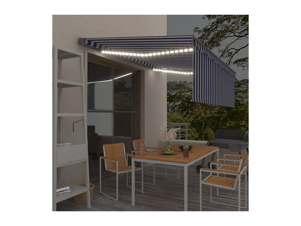 Auvent automatique store capteur de vent LED 4,5x3 Bleu blanc