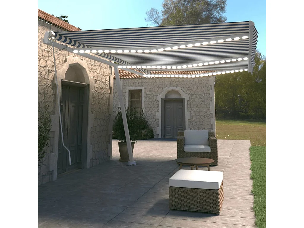 Uitschuifbare luifel met LED 600x350 Blauw en wit
