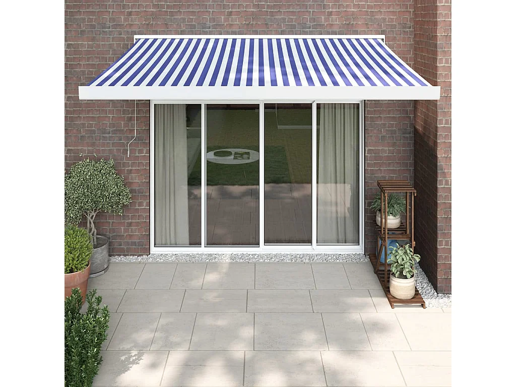 Auvent rétractable bleu et blanc 3,5x2,5 tissu et aluminium