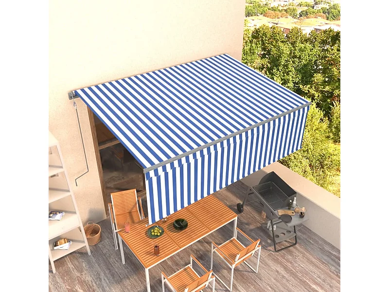 Automatisch uitschuifbaar zonnescherm met rolgordijn 4,5x3 Blauw en wit