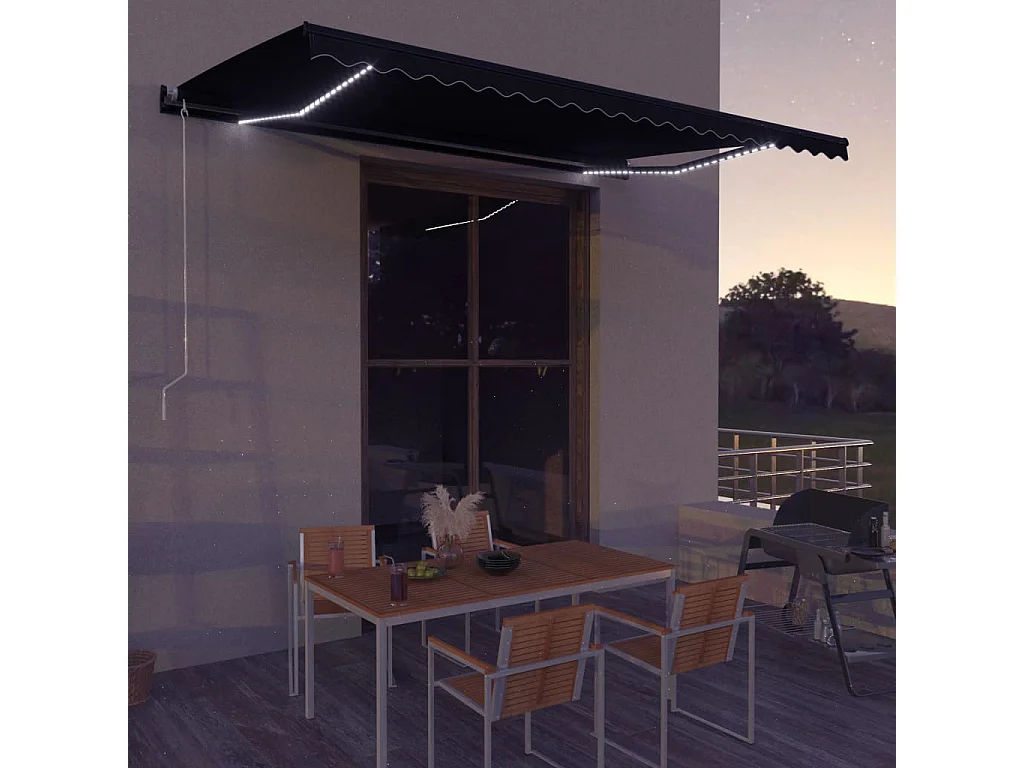 Auvent rétractable capteur de vent et LED 600x300cm Anthracite