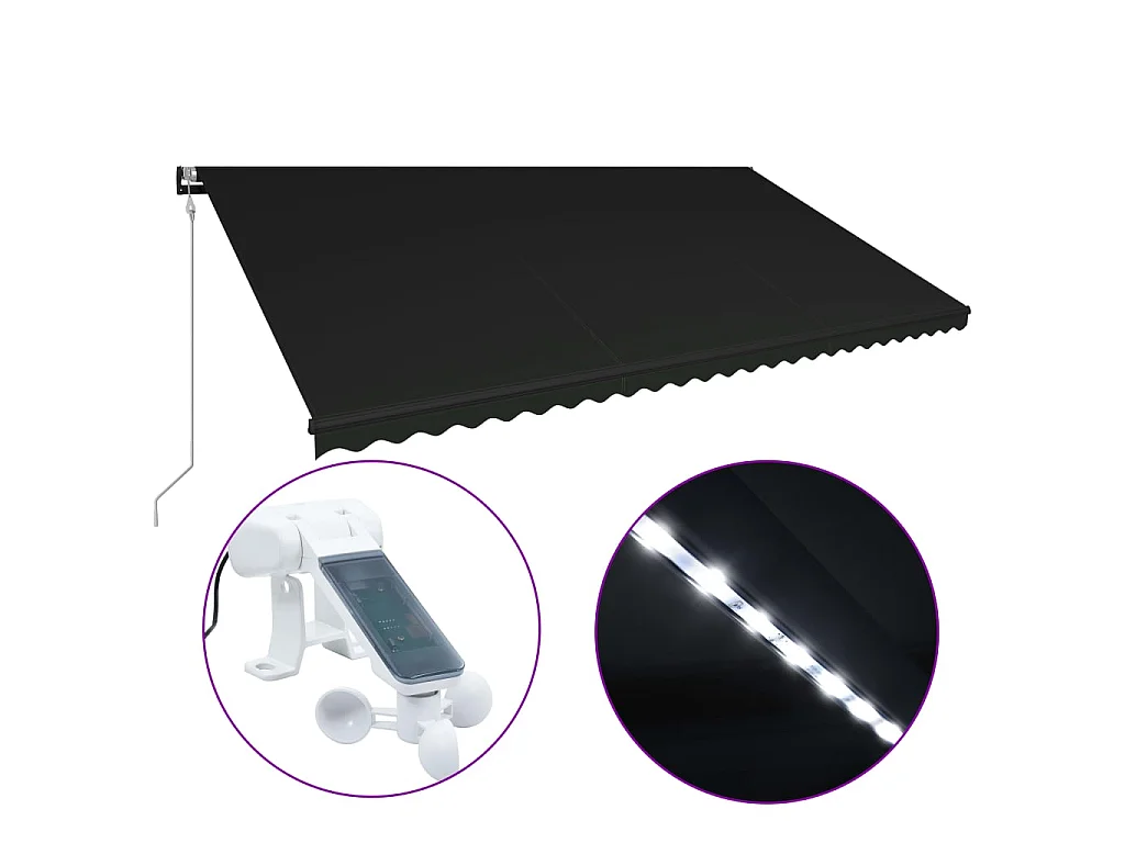 Auvent rétractable capteur de vent et LED 600x300cm Anthracite