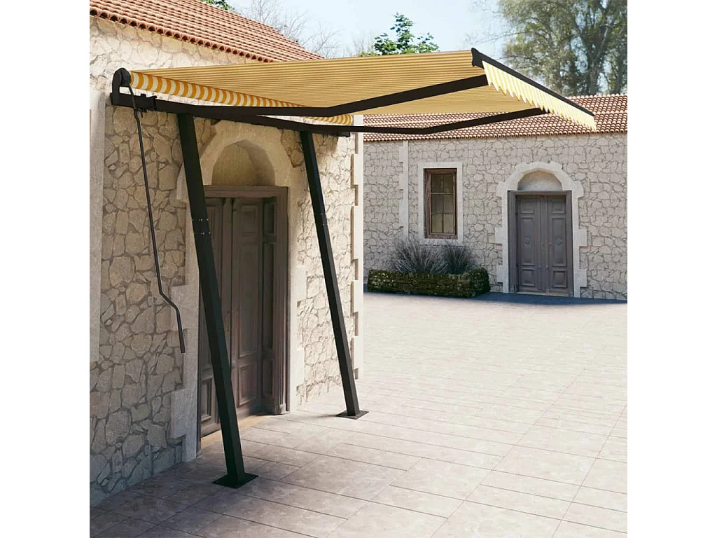 Toldo retráctil automático y postes 3x2,5m Amarillo y blanco