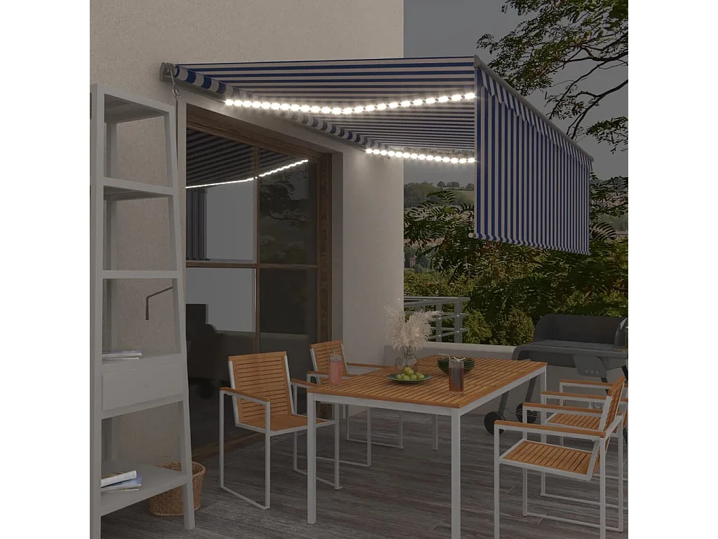 Auvent automatique store capteur de vent LED 4x3m Bleu et blanc
