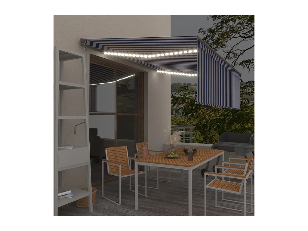 Auvent automatique store capteur de vent LED 4x3m Bleu et blanc
