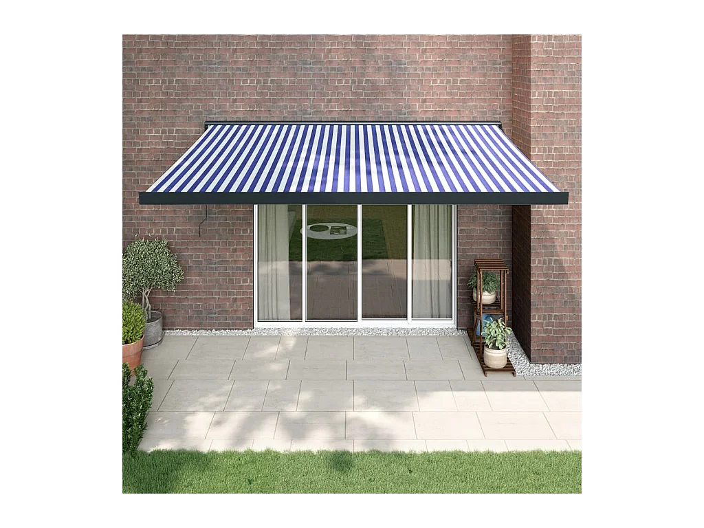 Blauw-wit uitschuifbaar zonnescherm 4,5x3 stof en aluminium