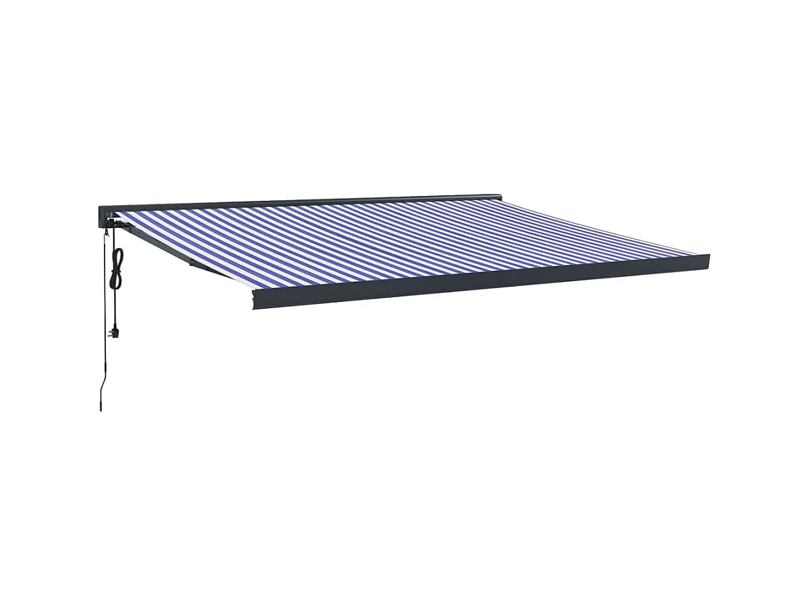 Blauw-wit uitschuifbaar zonnescherm 4,5x3 stof en aluminium