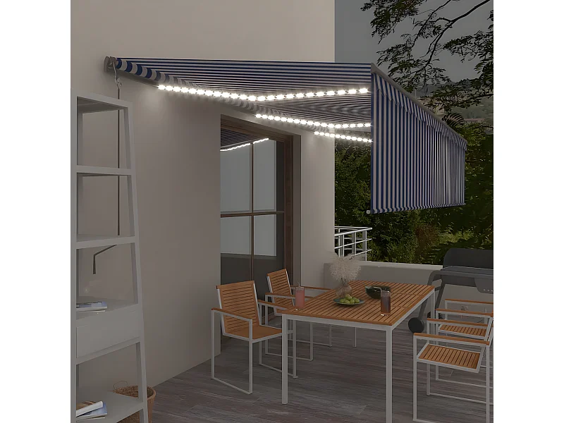 Auvent automatique store capteur de vent LED 6x3 Bleu blanc