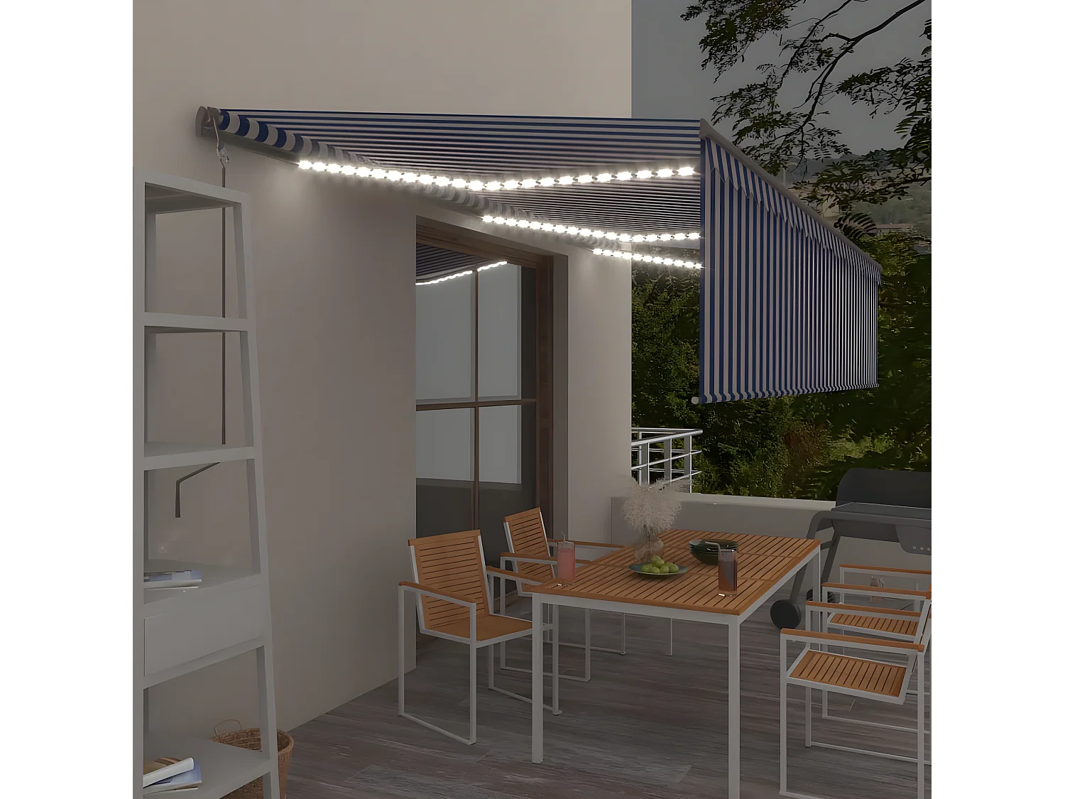 Auvent automatique store capteur de vent LED 6x3 Bleu blanc