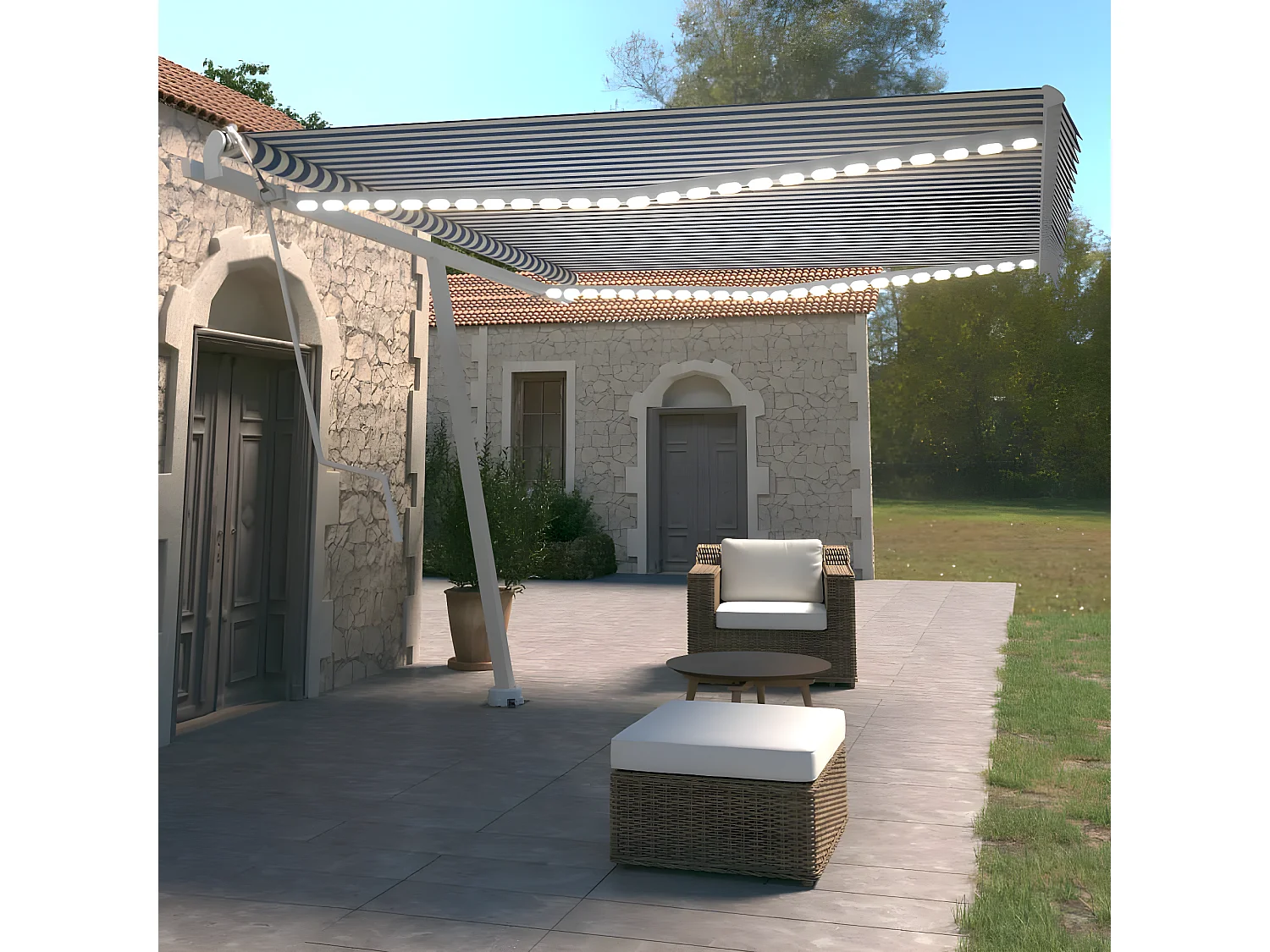 Auvent automatique capteur de vent LED 450x350 Bleu et blanc