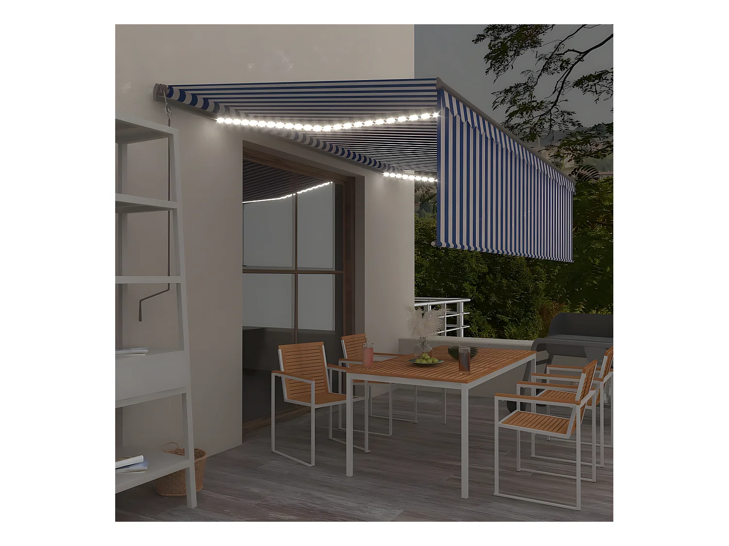 Auvent automatique store capteur de vent/LED 5x3m Bleu et blanc