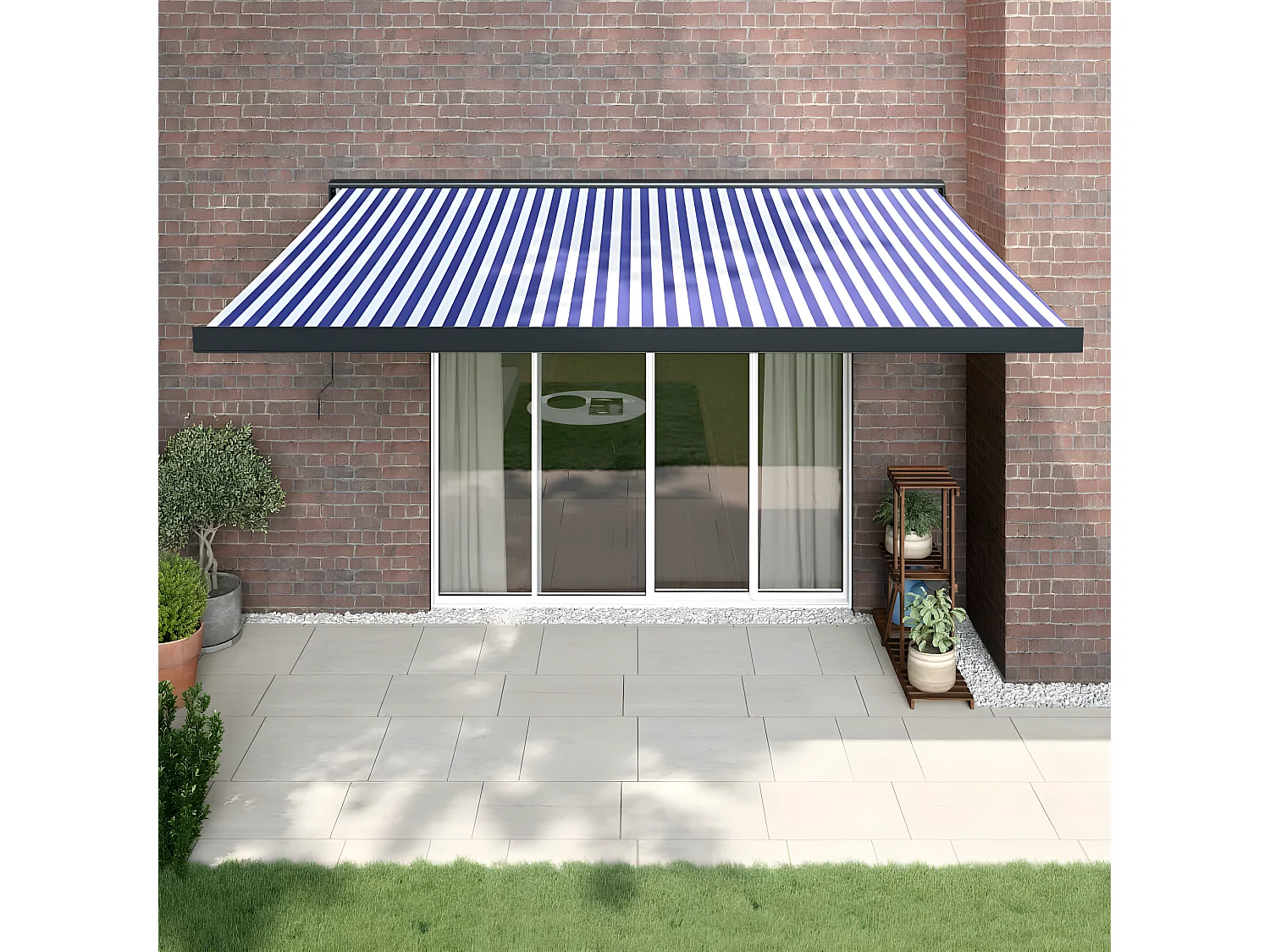 Blau-weiße einziehbare Markise aus 4x3 Stoff und Aluminium