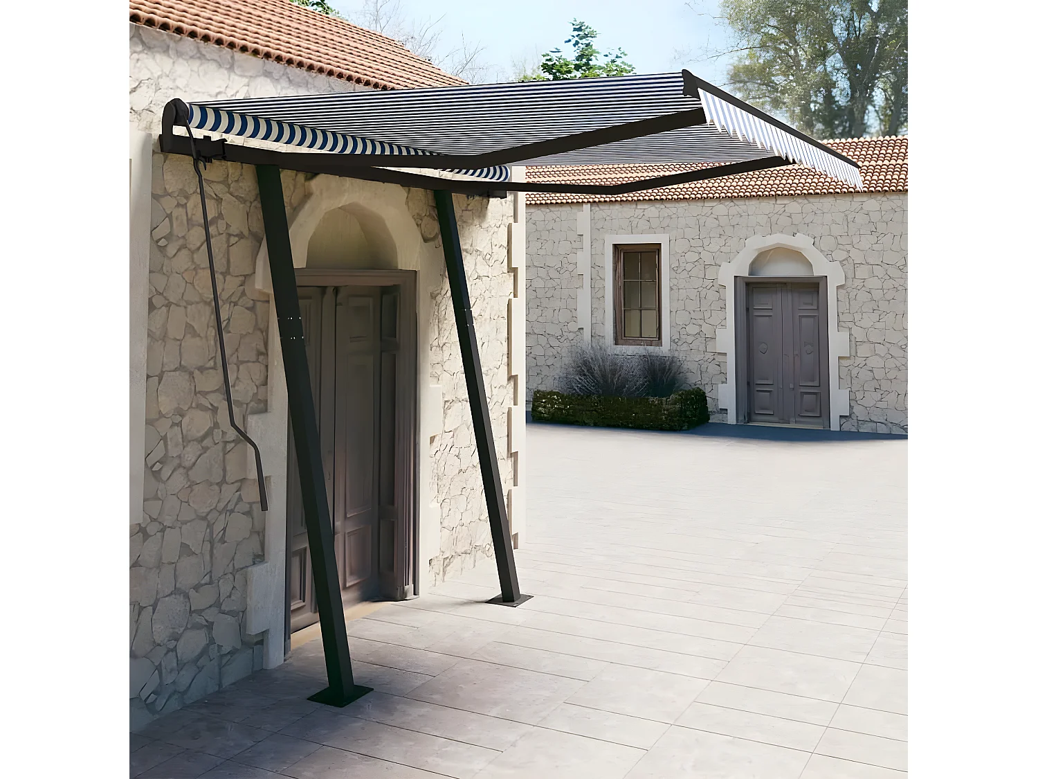 Toldo retráctil automático y postes 3x2,5 Azul y blanco