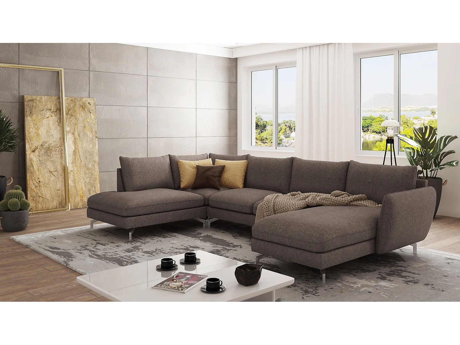 Canapé d’angle 7 places avec pieds argentés ZOE