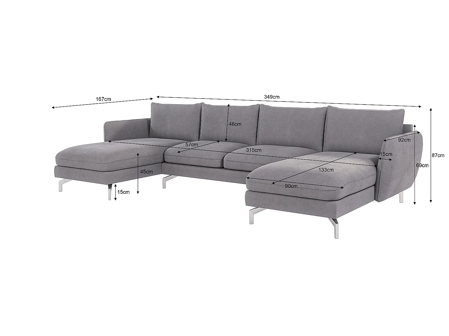 Grand canapé d'angle 6 places en microfibre gris ZOE