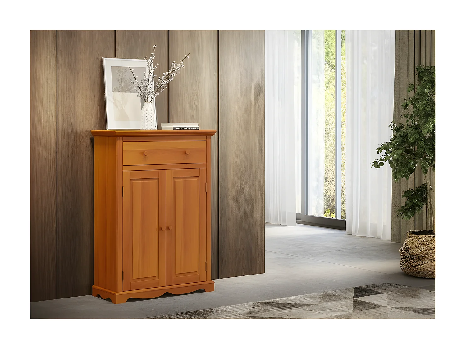 Buffet Le Parisien Pin Miel 2 Portes 1 Tiroir 2 Etagères 3 Niches L 94 H 134 P 42