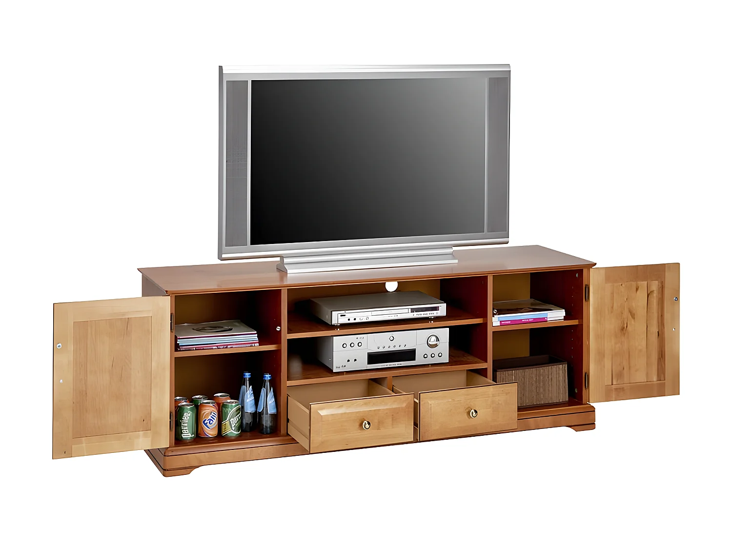 Meuble TV BAR 60 Pouces Merisier 2 Portes 2 Tiroirs L 158.8 H 60.3 P 46 cm