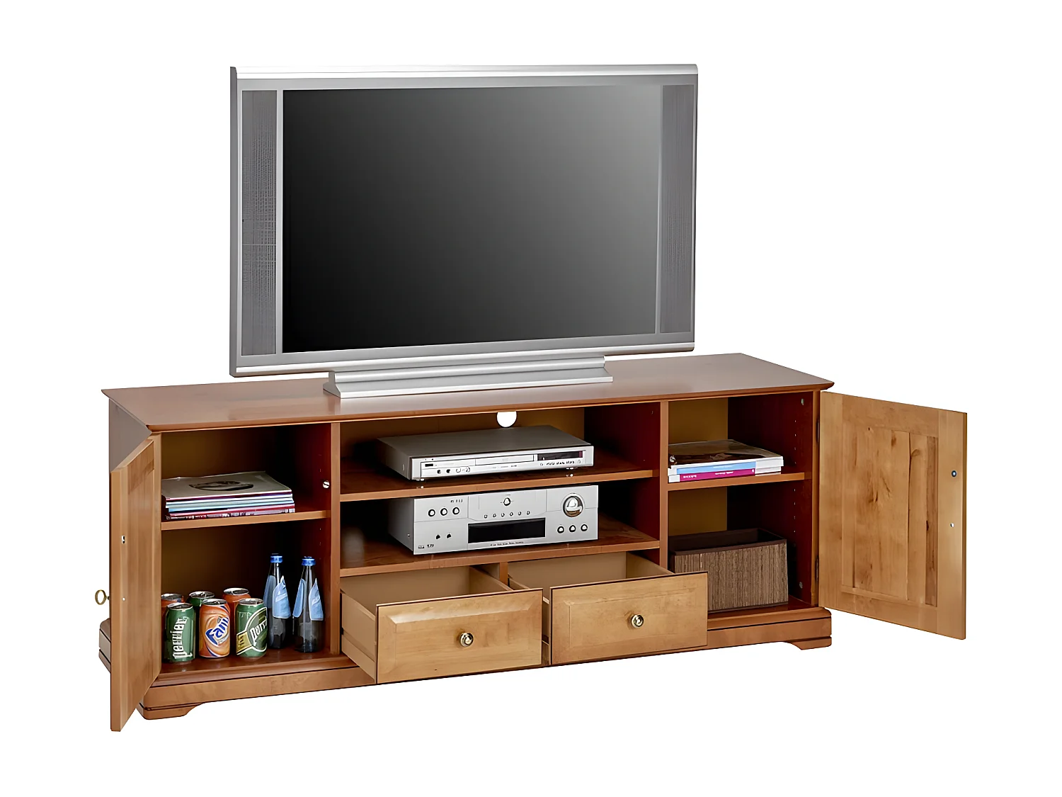 Meuble TV BAR 60 Pouces Merisier 2 Portes 2 Tiroirs L 158.8 H 60.3 P 46 cm