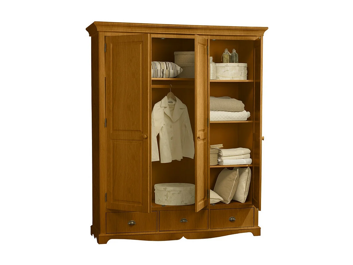 Armoire Penderie Pin Miel 3 Portes 3 Tiroirs 6 Niches L 164.3 H 194.8 P 54.5 cm