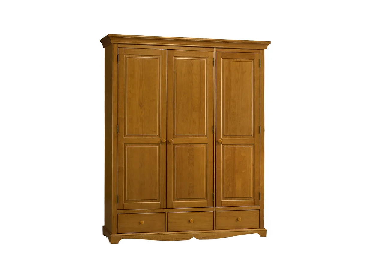 Armoire Penderie Pin Miel 3 Portes 3 Tiroirs 6 Niches L 164.3 H 194.8 P 54.5 cm