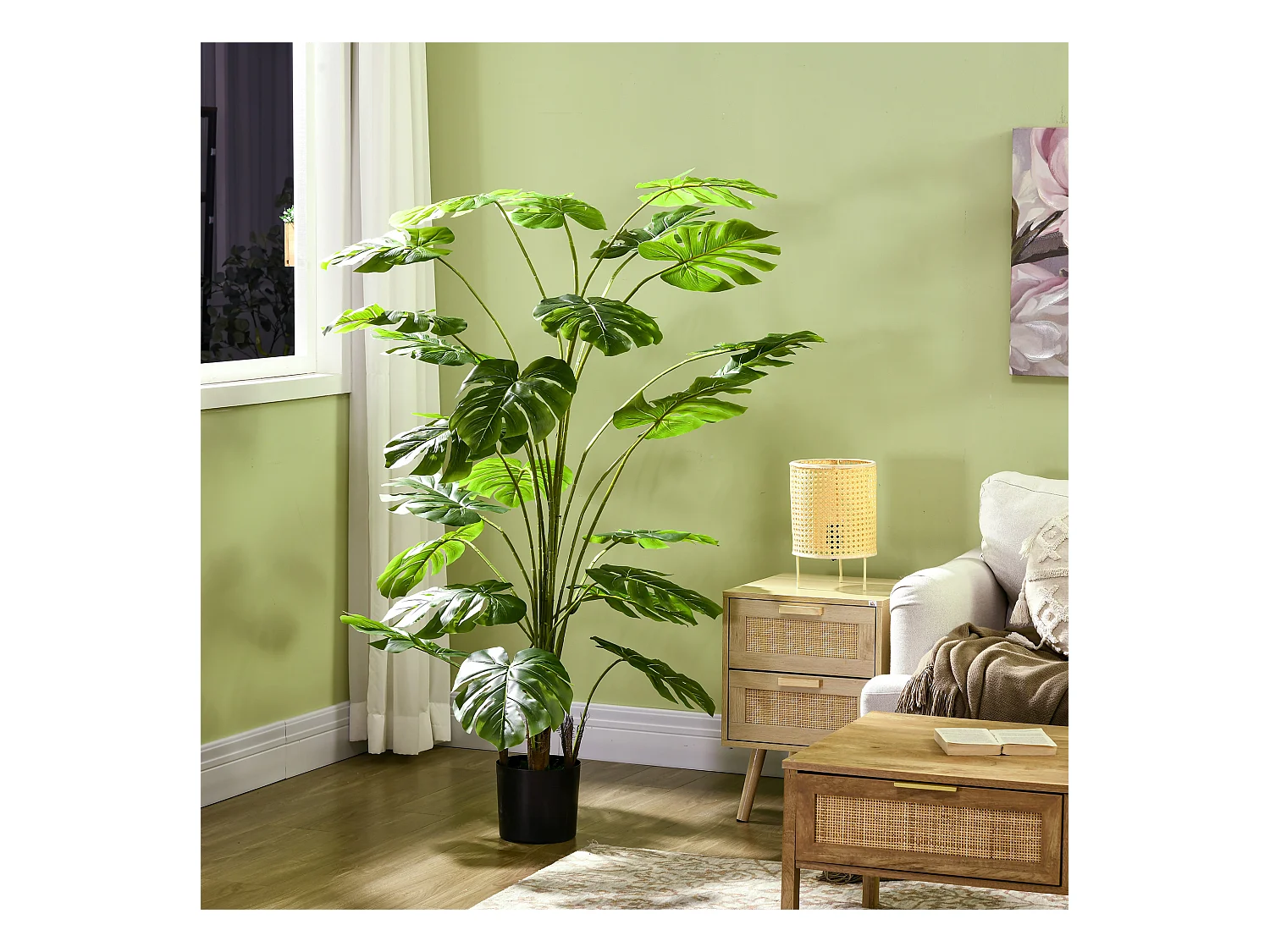 Arbre artificiel plante artificielle Monstera H. 180 cm tronc branches lichen feuilles de tortue grand réalisme pot inclus