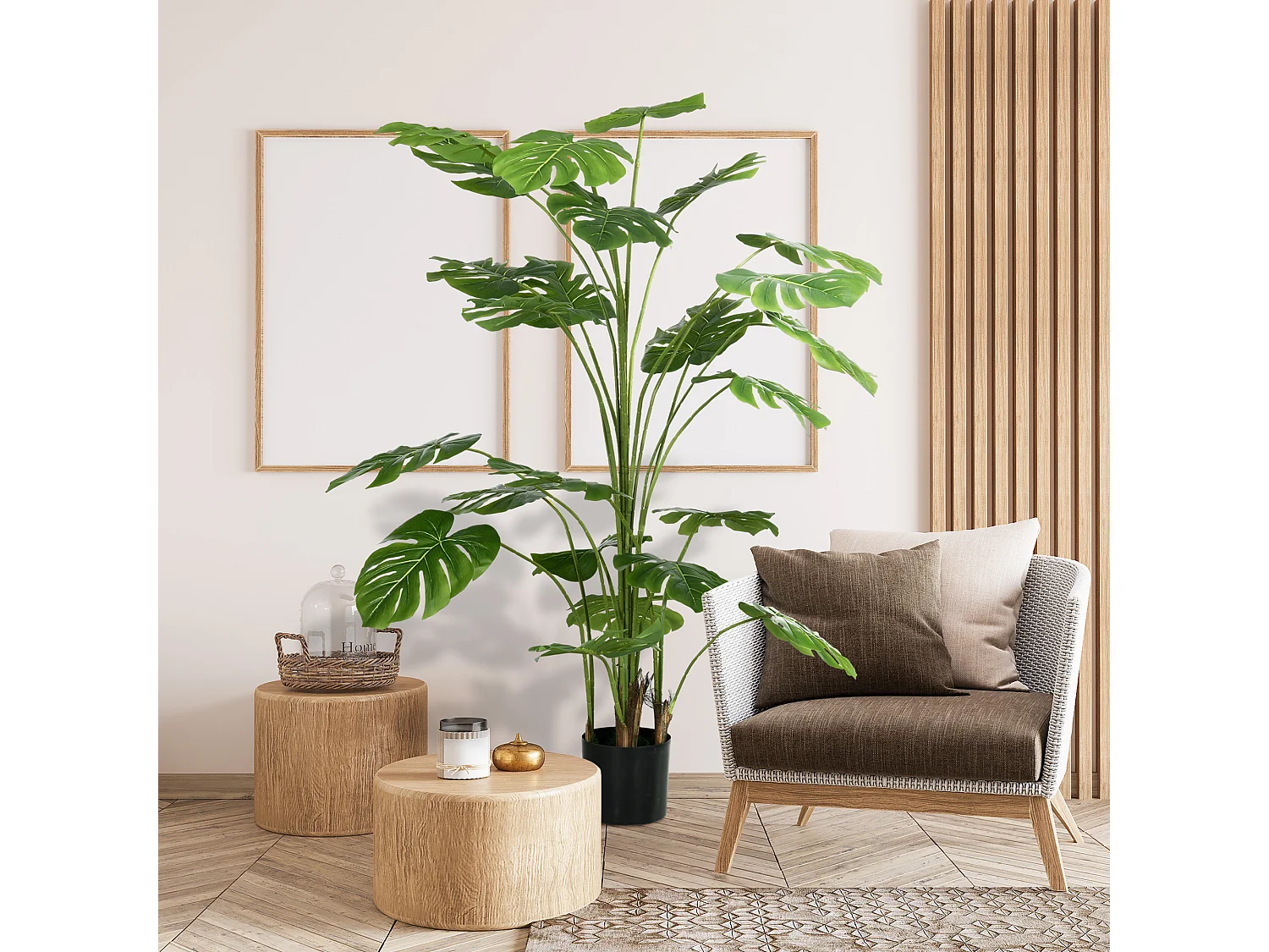 Arbre artificiel plante artificielle Monstera H. 180 cm tronc branches lichen feuilles de tortue grand réalisme pot inclus