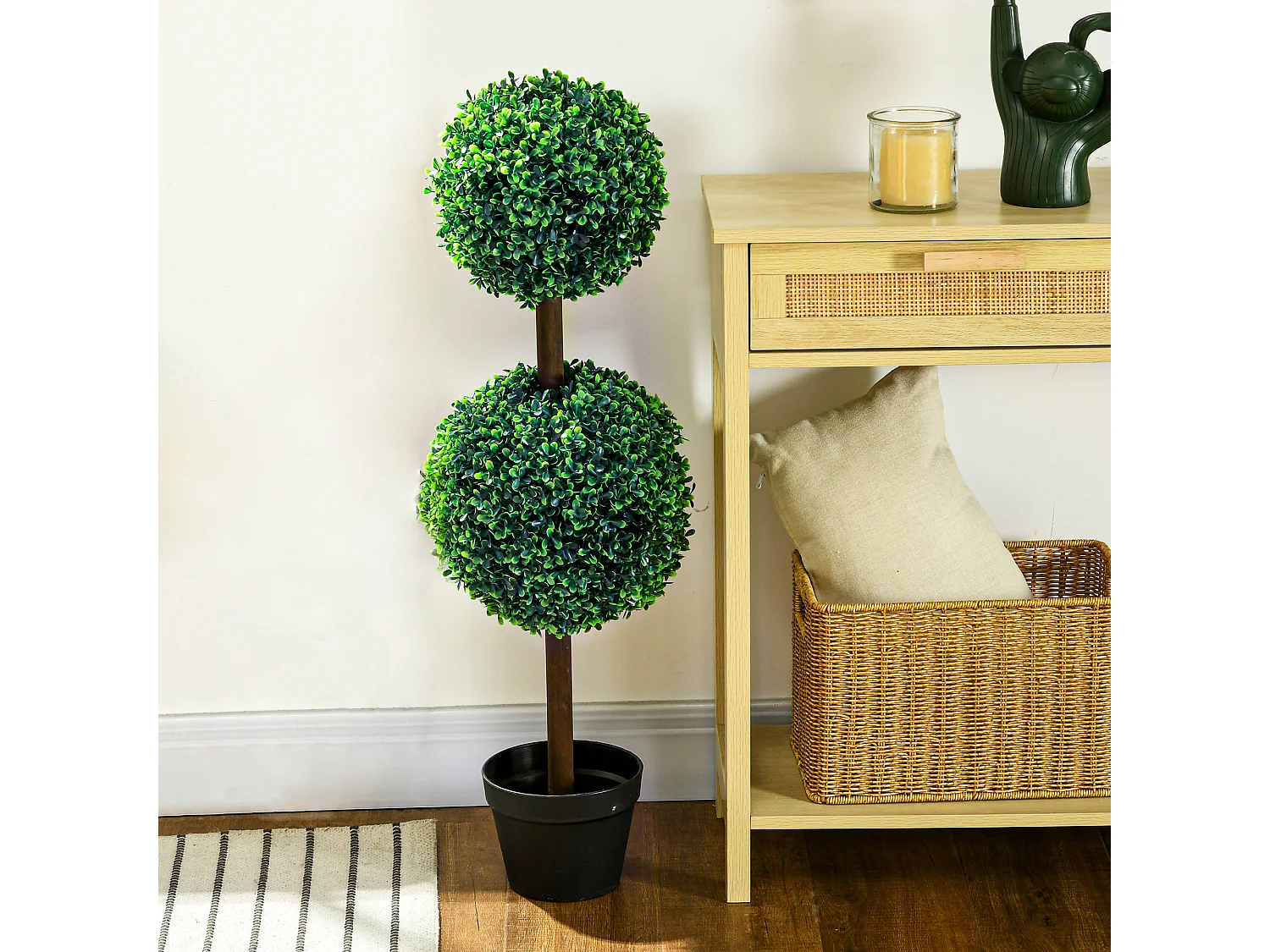 Lot de 2 buis artificiel double boules - cailloux et pot inclus - H.90 cm PE vert