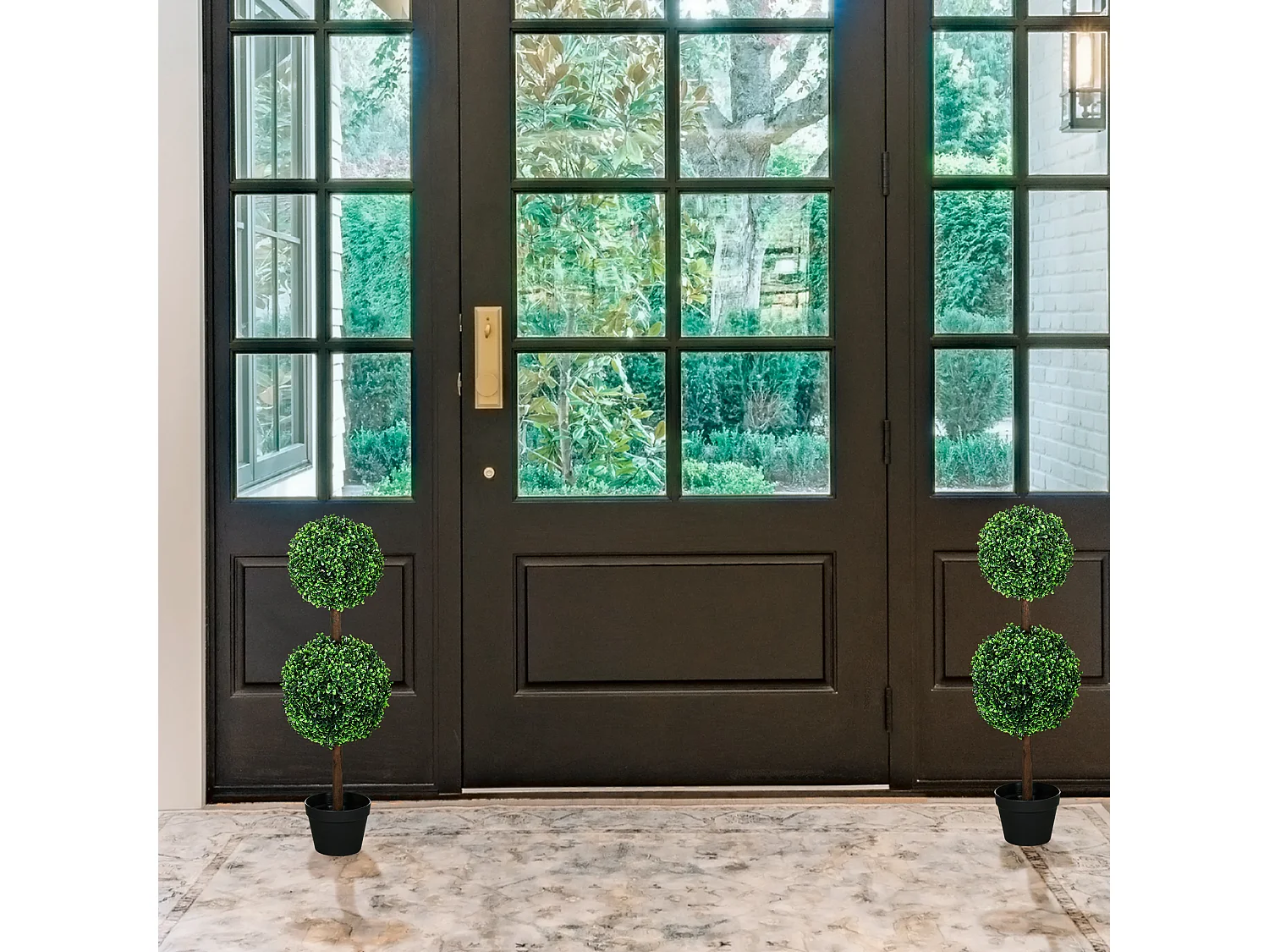 Lot de 2 buis artificiel double boules - cailloux et pot inclus - H.90 cm PE vert