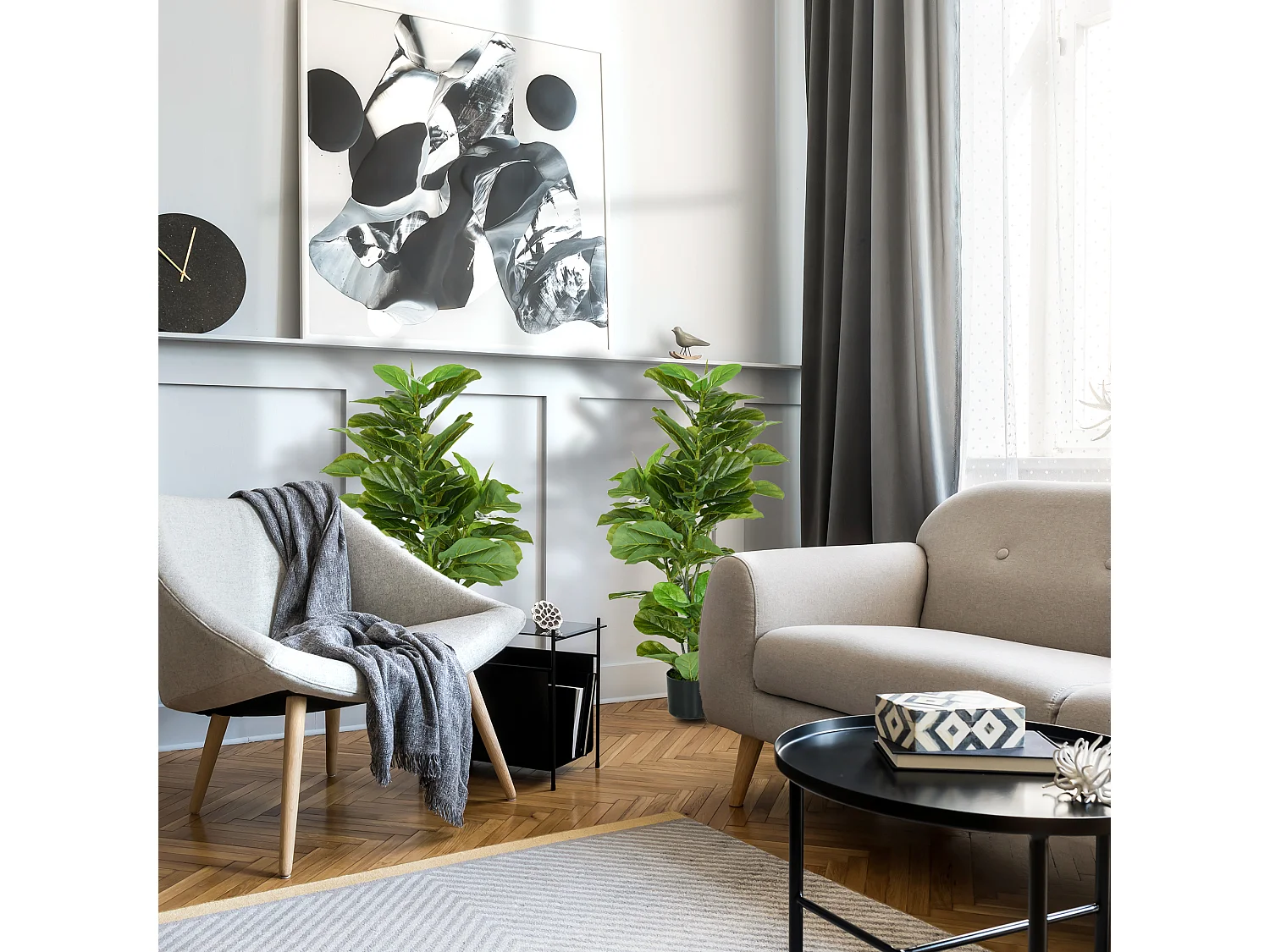 Ficus Lutea artificiels 1,10H m - lot de 2 ficus artificiels - 90 feuilles réalistes par pied - pot inclus noir vert