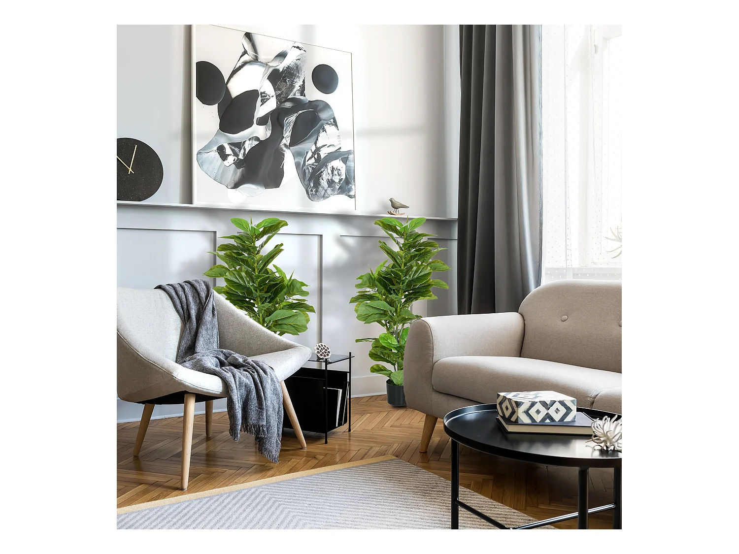 Ficus Lutea artificiels 1,10H m - lot de 2 ficus artificiels - 90 feuilles réalistes par pied - pot inclus noir vert