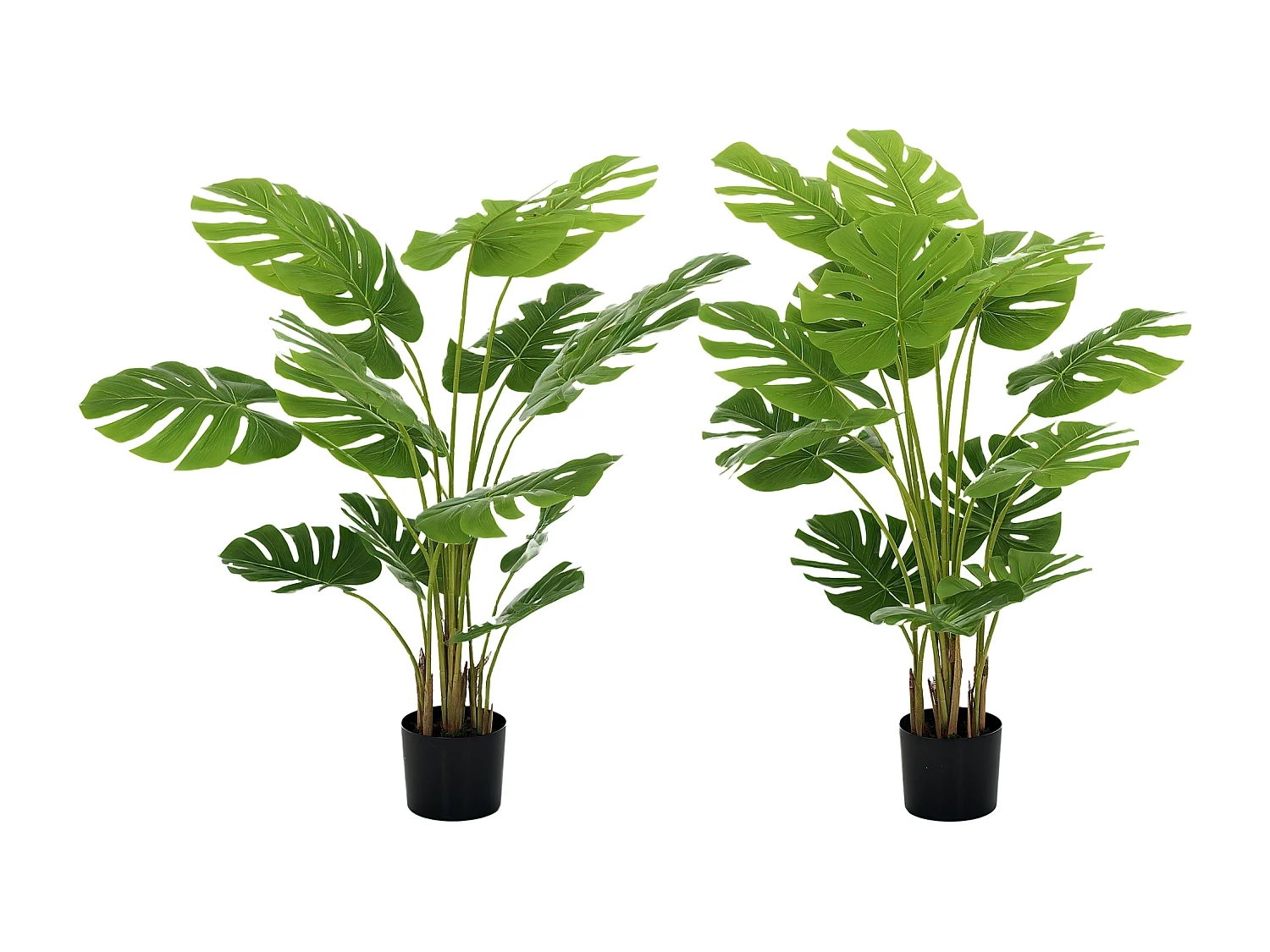 Lot de 2 plantes artificielles Monstera H. 120 cm tronc branches lichen feuilles de tortue grand réalisme pots inclus