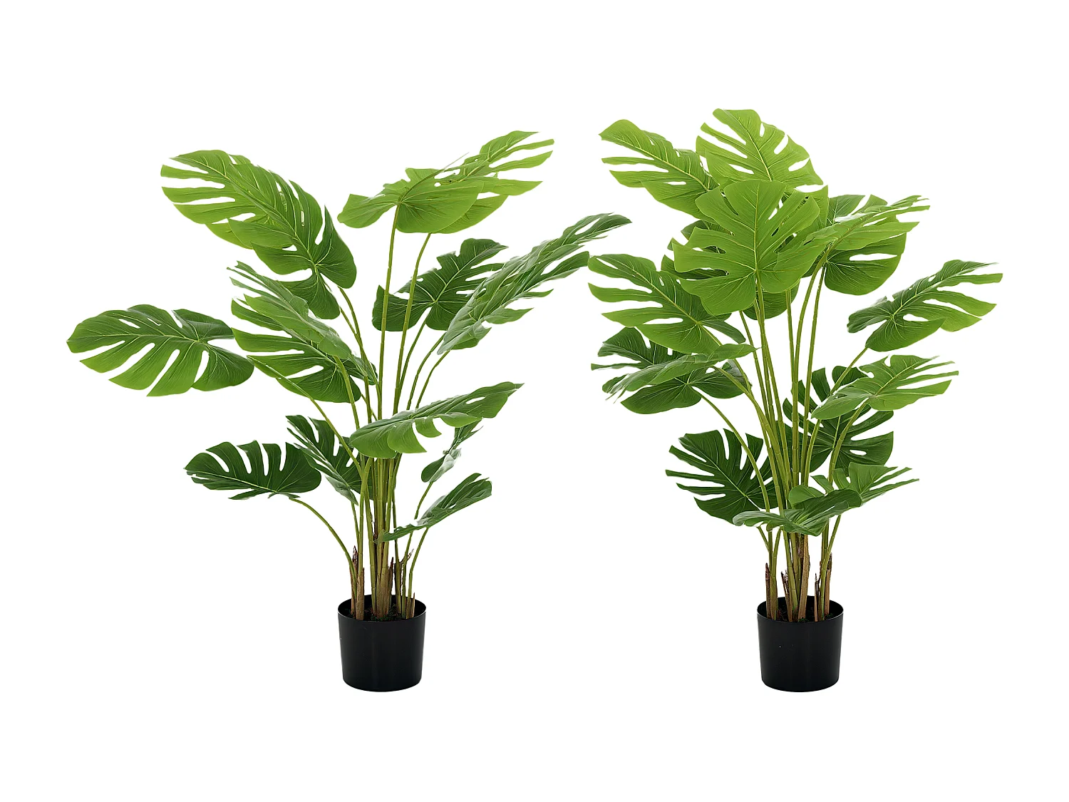 Lot de 2 plantes artificielles Monstera H. 120 cm tronc branches lichen feuilles de tortue grand réalisme pots inclus