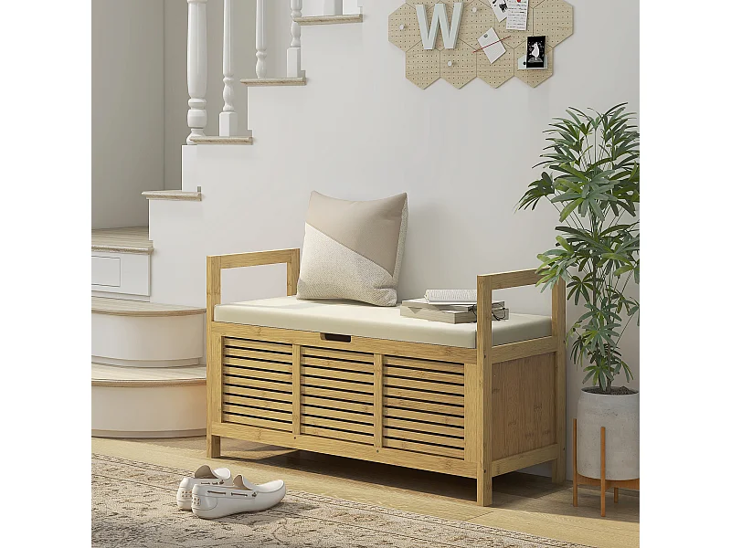 Banc à chaussures coffre de rangement 2 en 1 avec coussin bambou