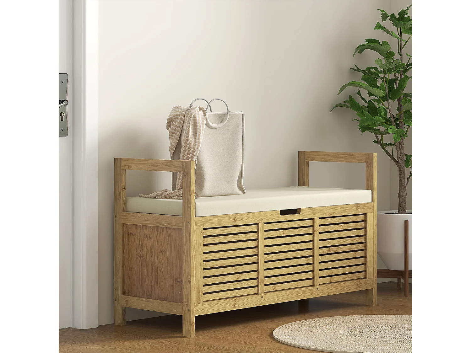 Banc à chaussures coffre de rangement 2 en 1 avec coussin bambou