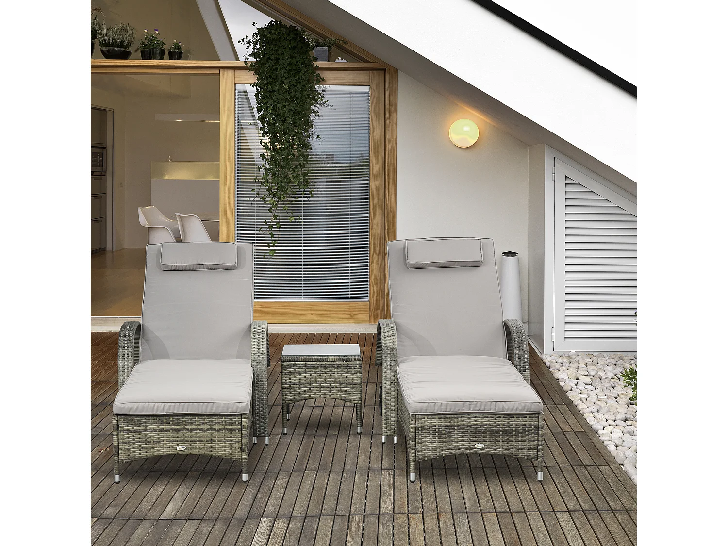 Lot de 2 tranat bain de oleil grand confort : matela, têtière, inclinaion réglable multipotion, accoudoir, roulette + table bae verre trempé réine treée grie