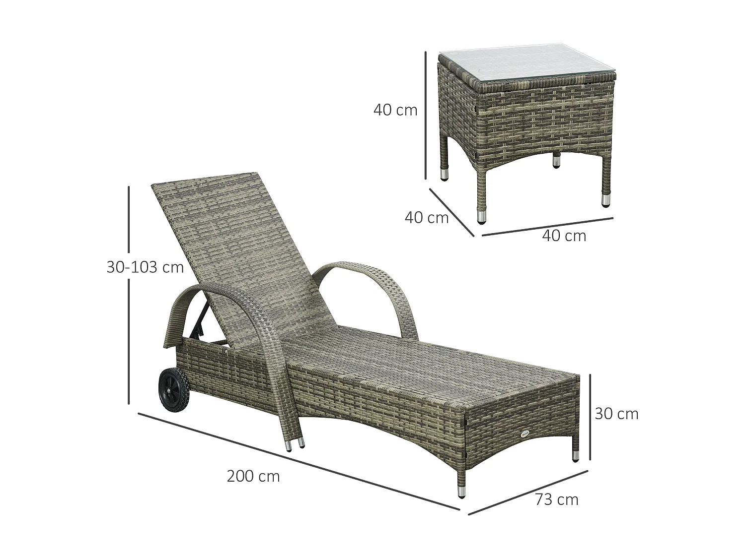 Lot de 2 tranat bain de oleil grand confort : matela, têtière, inclinaion réglable multipotion, accoudoir, roulette + table bae verre trempé réine treée grie