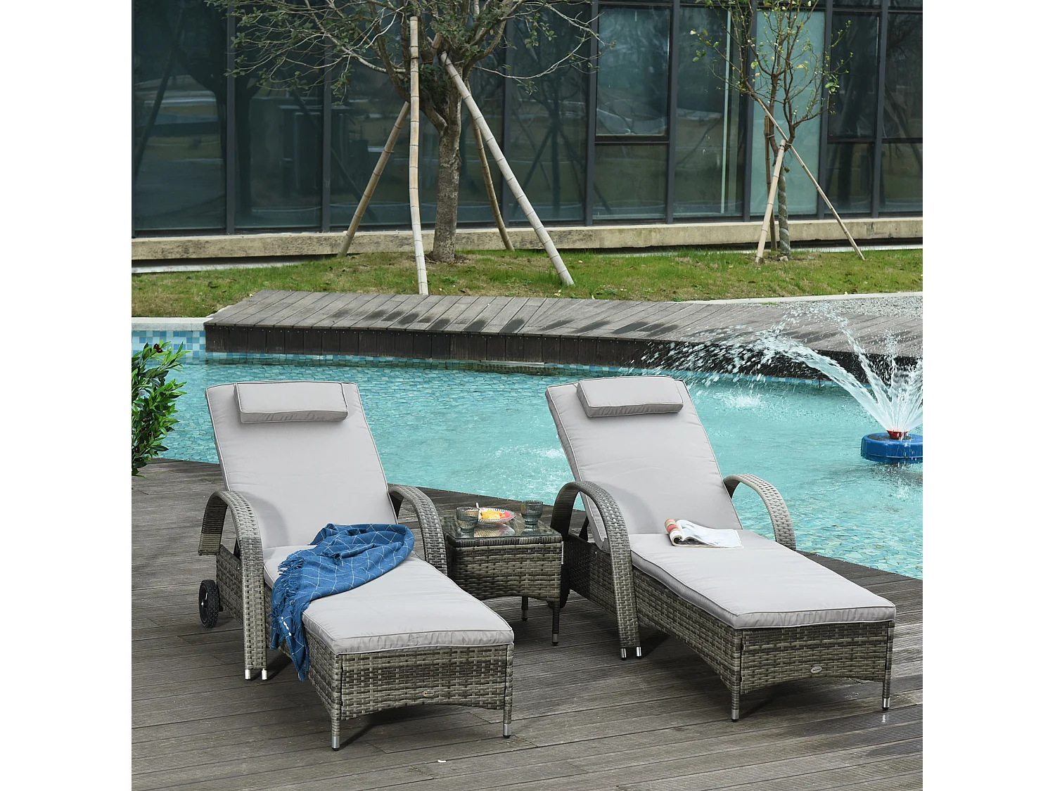 Lot de 2 tranat bain de oleil grand confort : matela, têtière, inclinaion réglable multipotion, accoudoir, roulette + table bae verre trempé réine treée grie