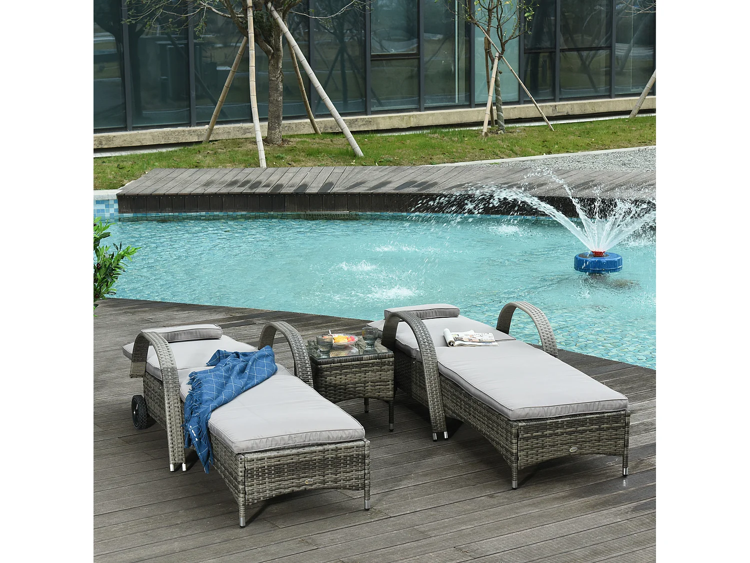 Lot de 2 tranat bain de oleil grand confort : matela, têtière, inclinaion réglable multipotion, accoudoir, roulette + table bae verre trempé réine treée grie