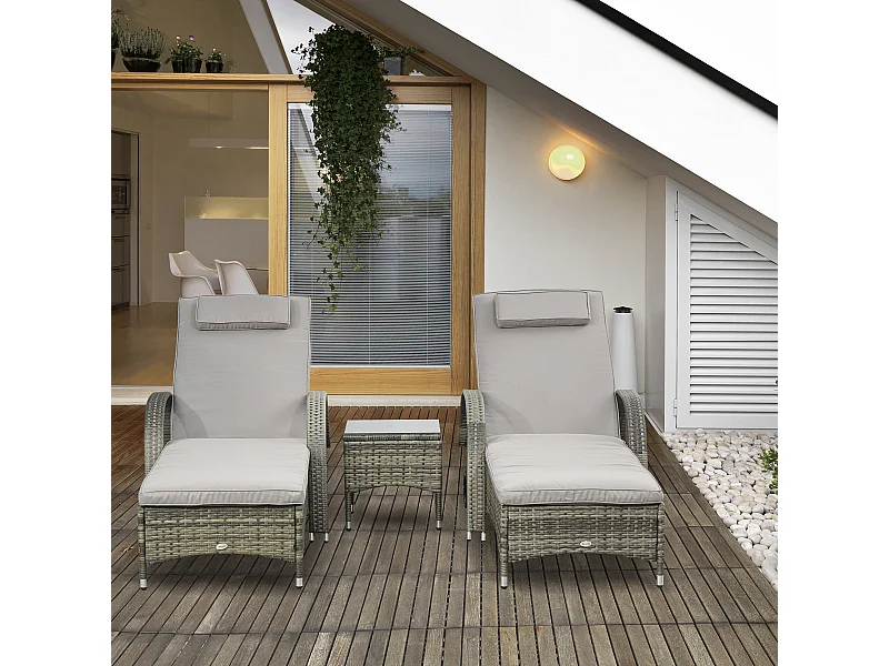 Lot de 2 tranat bain de oleil grand confort : matela, têtière, inclinaion réglable multipotion, accoudoir, roulette + table bae verre trempé réine treée grie