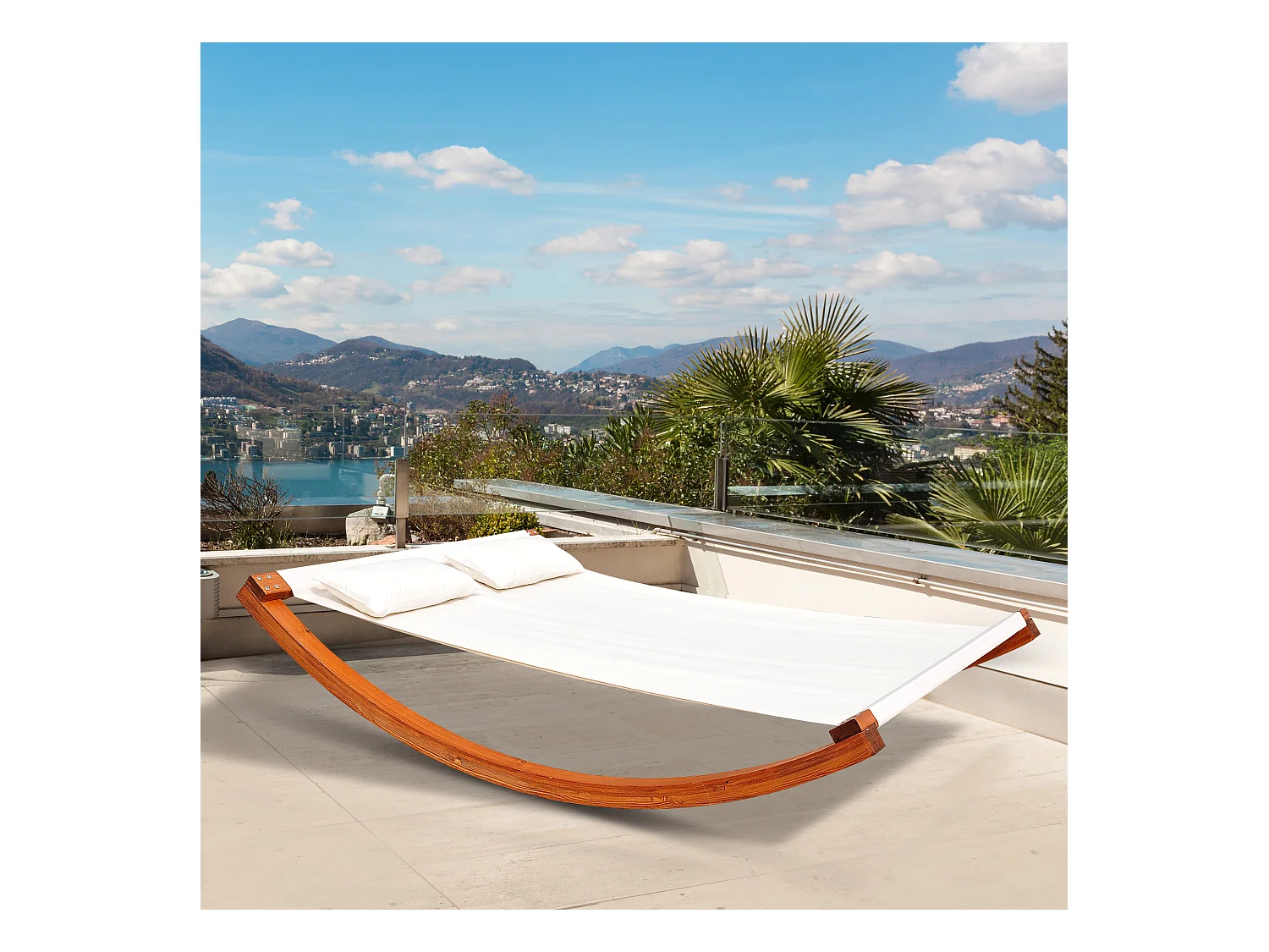 Bain de soleil transat design à bascule 2 places 2 coussins inclus bois mélèze pré-huilé coton blanc