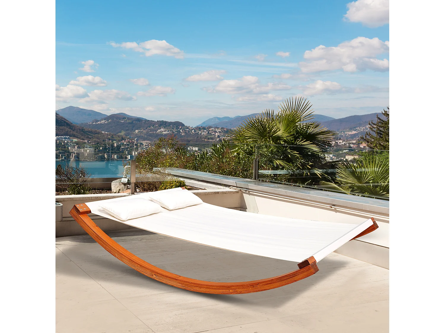 Bain de soleil transat design à bascule 2 places 2 coussins inclus bois mélèze pré-huilé coton blanc