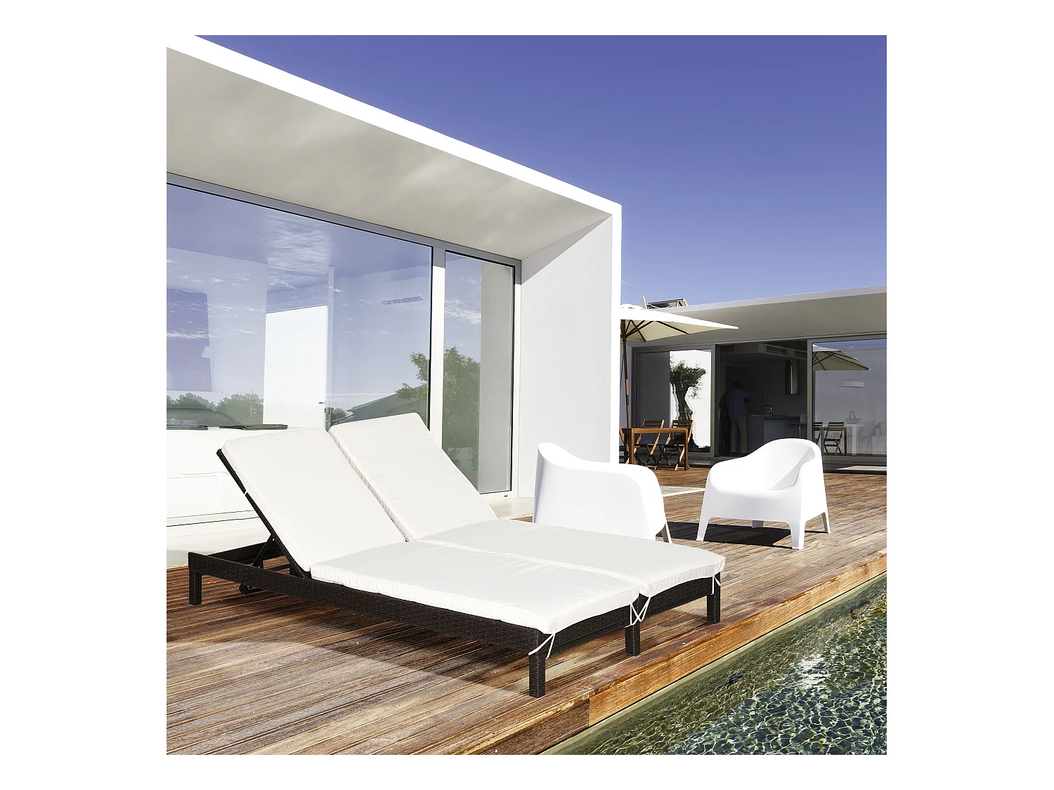 Bain de soleil transat 2 places - grand confort - dossier inclinable multi-positions - matelas fournis - résine tressée chocolat